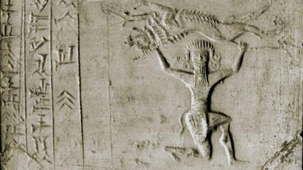 Siegel aus Mesopotamien aus dem 9. Jahrhundert v. Chr. Es zeigt Gilgamesch, der einen Löwen stemmt. 
