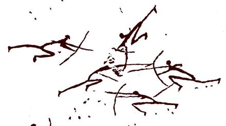 Urbild kämpferischer Handlungen. Höhlenzeichnung eines Konflikts zwischen Bogenschützen aus dem späten Mesolithikum. Zu sehen in Morella la Vella in der spanischen Provinz Castellón. 
