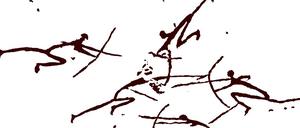 Urbild kämpferischer Handlungen. Höhlenzeichnung eines Konflikts zwischen Bogenschützen aus dem späten Mesolithikum. Zu sehen in Morella la Vella in der spanischen Provinz Castellón. 