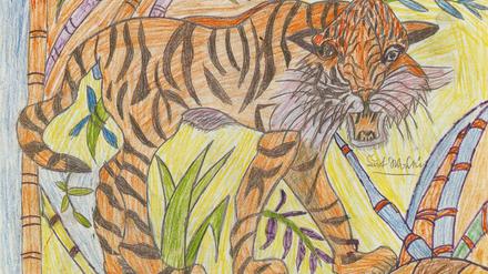Wilde Welt. Kurt Wanski zeichnet ab: Postkarten, Aktposter, Plakate. Das Ergebnis: persönliche, zugleich freie und genaue Wiedergaben. Hier das Abbild eines Tigers, vermutlich aus dem Tierpark.
