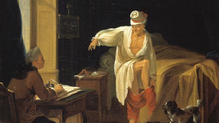 Diktat am Morgen. Voltaire und sein Sekretär Collini. Gemälde von Jean Huber (1721-1786).