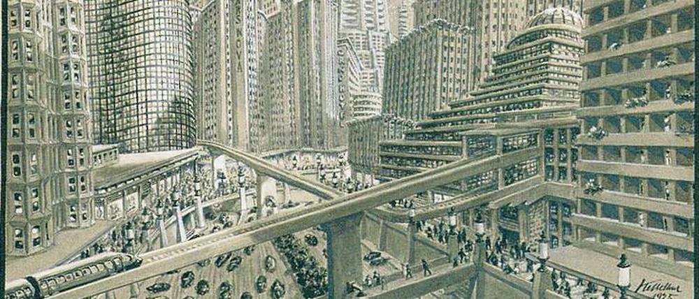 Unfassbar groß. Für den Film „Metropolis“ von Fritz Lang entwarf der Designer Erich Kettelhut 1927 dieses Szenenbild, das die Stadt der Zukunft als baulichen Ausdruck des (Monopol-)Kapitalismus vorstellt.