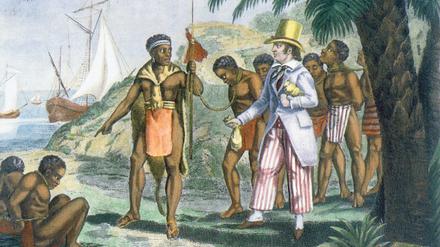 Ein Händler aus Europa handelt mit dem afrikanischen Sklavenbesitzer den Preis der angebotenen Sklaven aus (umn 1820). 