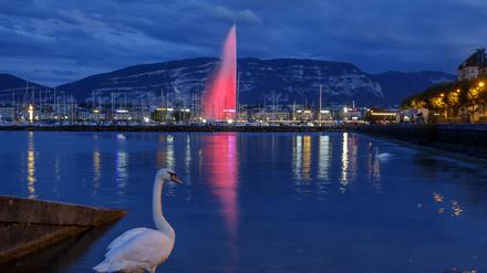 Der berühmte Wasserbrunnen "Le Jet d'Eau" im Genfersee wird anlässlich des 70. Jahrestages der Genfer Konventionen in der Farbe Rot beleuchtet. Heute jährt sich zum 70. Mal die Genfer Konvention. +++ dpa-Bildfunk +++