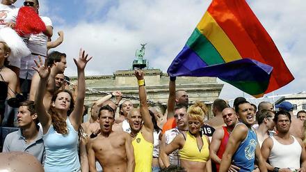 Schwule und Lesben feiern während des Christopher Street Day vor dem Brandenburger Tor in Berlin die Freiheit sexueller Orientierung.
