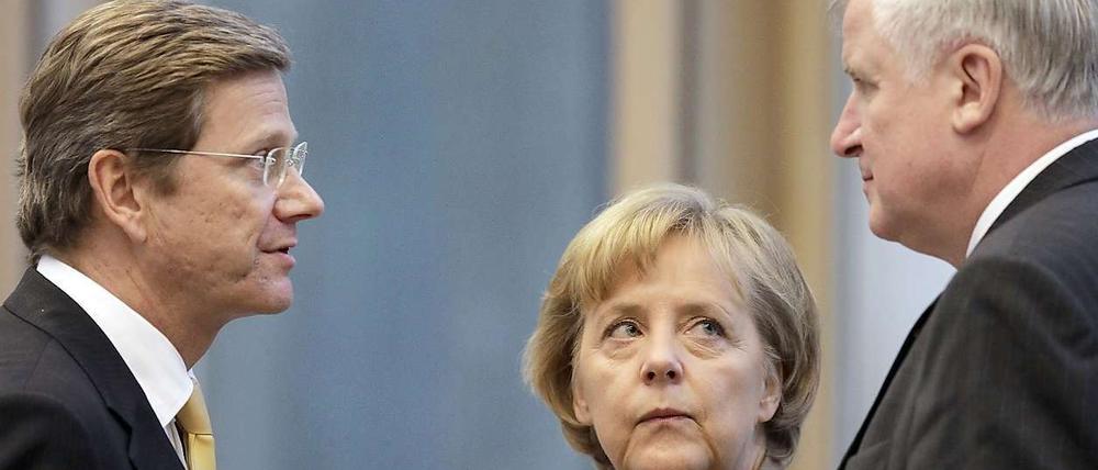 Die unglücklichen Drei: Guido Westerwelle (l) (FDP), Bundeskanzlerin Angela Merkel (CDU) und der Horst Seehofer (CSU). 