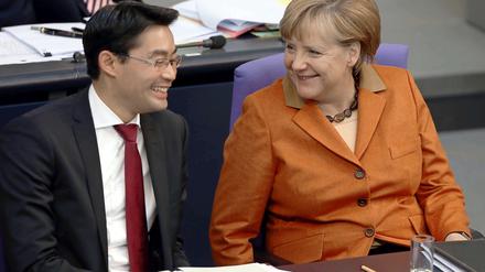 Philipp Rösler und Angela Merkel, gut gelaunt auf den Regierungsbänken im Bundestag.