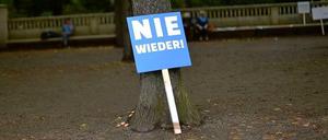 Nie wieder! steht auf einem Schild, das offenbar ein Teilnehmer der Demonstration vor dem Brandenburger Tor nicht mehr mitgenommen hat. 