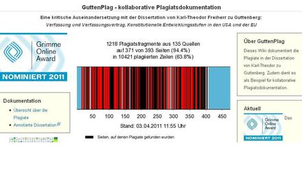 Guttenbergs Doktorarbeit in Farbe: Der Strichcode mit plagiierten Stellen auf der Website GuttenPlag.
