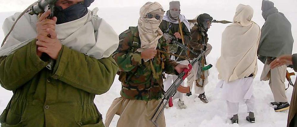 Taliban-Kämpfer in Afghanistan lassen sich vermummt und schwer bewaffnet ablichten.