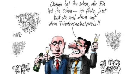 Diese im April im Tagesspiegel erschienene Karikatur von Klaus Stuttmann spricht aus, was gar nicht so viele Menschen außer Gerhard Schröder glauben: Putin verdient den Friedensnobelpreis. Damit gewann Stuttmann den ersten Preis.