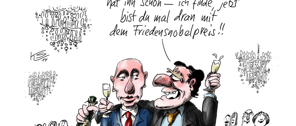 Diese im April im Tagesspiegel erschienene Karikatur von Klaus Stuttmann spricht aus, was gar nicht so viele Menschen außer Gerhard Schröder glauben: Putin verdient den Friedensnobelpreis. Damit gewann Stuttmann den ersten Preis.