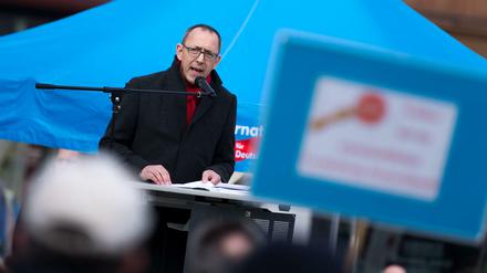 Sachsens AfD-Chef Jörg Urban im März 2018 bei einer Kundgebung seiner Partei in Görlitz.