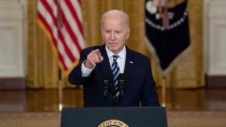 US-Präsident Joe Biden bei einer Pressekonferenz zur russischen Invasion der Ukraine a. 24. Februar 2022.