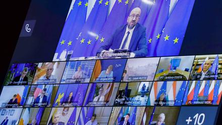 Am Ende Realpolitik: Bild von der außerplanmäßigen EU-Videoschalte zur Krise in Belarus. 