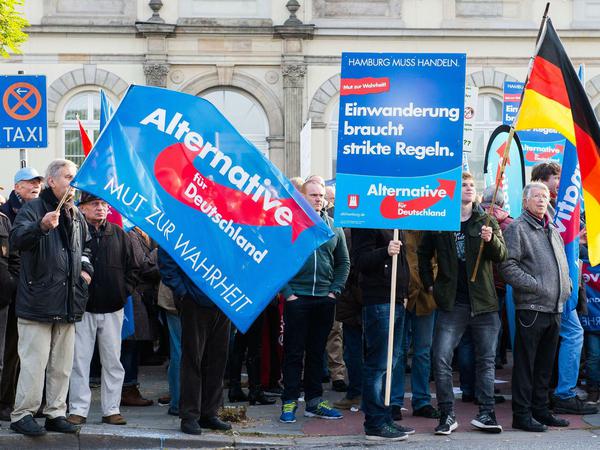 Anhänger der Partei Alternative für Deutschland (AfD) halten in Hamburg während einer Kundgebung Fahnen und Plakate hoch. 