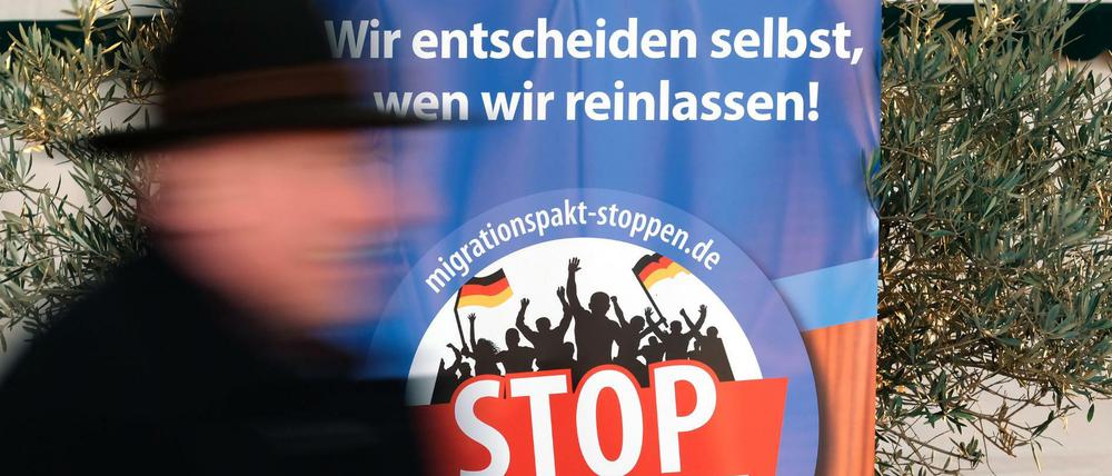 Ein AfD-Banner bei der Europawahlversammlung der Partei in Magdeburg.