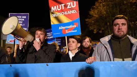 Eine AfD-Kundgebung in Dessau. In der Mitte die Bundesvorsitzende Frauke Petry.