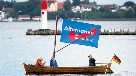Mitglieder der Alternative für Deutschland (AfD) mit einem Boot in Stralsund. 
