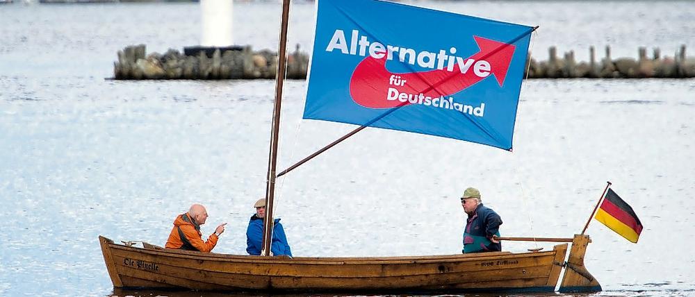 Mitglieder der Alternative für Deutschland (AfD) mit einem Boot in Stralsund. 