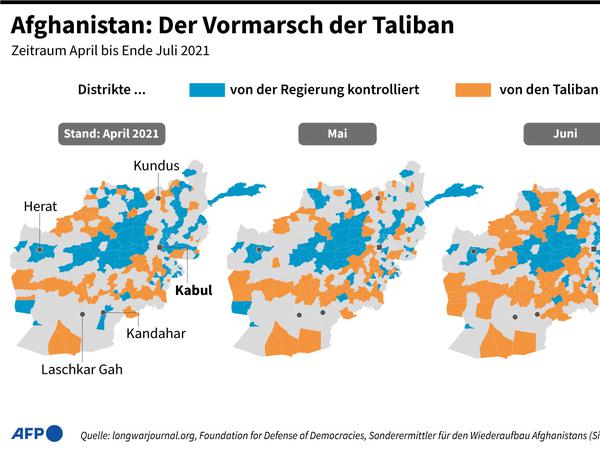 Afghanistan: Karte mit Angaben, welche Gebiete von wem kontrolliert werden - Entwicklung seit April 2021.