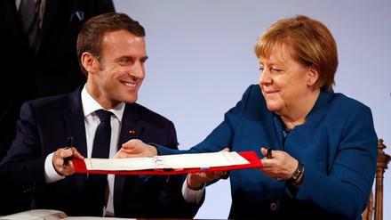 Angela Merkel und Emmanuel Macron bei der Unterzeichnung des Vertrags von Aachen am 22. Januar 2019.