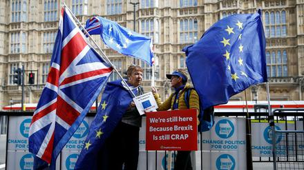 Zwei Demonstrantinnen mit britischen und EU-Flaggen vor dem britischen Parlament. 