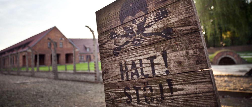 Ein Schild mit der Aufschrift "Halt!" steht im ehemaligen Konzentrationslagers Auschwitz-Birkenau in Oswiecim (Polen). Mehr als 70 Jahre nach dem Einsatz im Konzentrationslager Auschwitz soll sich ein heute 95-Jähriger vor dem Landgericht Neubrandenburg verantworten. 