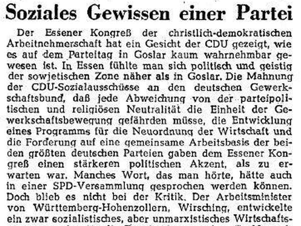 "Manches Wort, das man hörte, hätte auch in einer SPD-Versammlung gesprochen werden können." Was Egon Bahr 1950 im Tagesspiegel über die CDU schrieb.