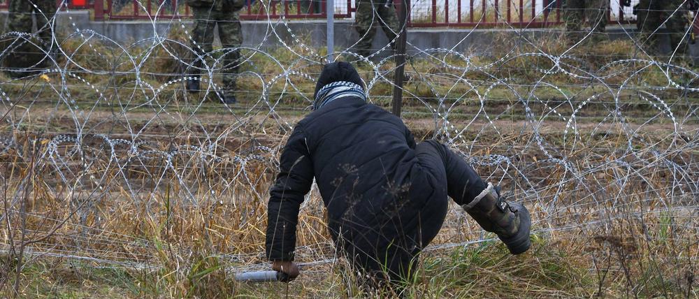 An der polnisch-belarusischen Grenze: Ein Flüchtling versucht, einen Stacheldrahtzaun Richtung Polen zu überwinden. 