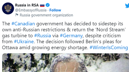 Ein Tweet der russischen Botschaft in Südafrika.