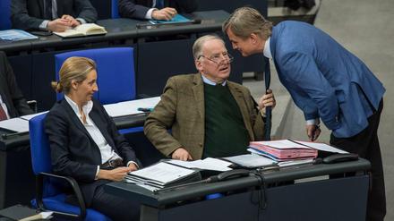 AfD-Fraktionschefs Alice Weidel und Alexander Gauland, Fraktionsgeschäftsführer Bernd Baumann (von links) im Bundestag. 