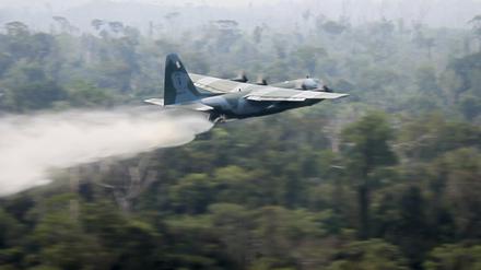 Ein vom brasilianischen Verteidigungsministerium zur Verfügung gestelltes Foto zeigt ein C-130 Flugzeug, das bei den Bränden im Amazonasgebiet im Einsatz ist