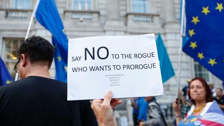 Anti-Brexit-Demonstranten protestieren vor dem Cabinet Office in Westminster gegen die Parlamentsschließung. 