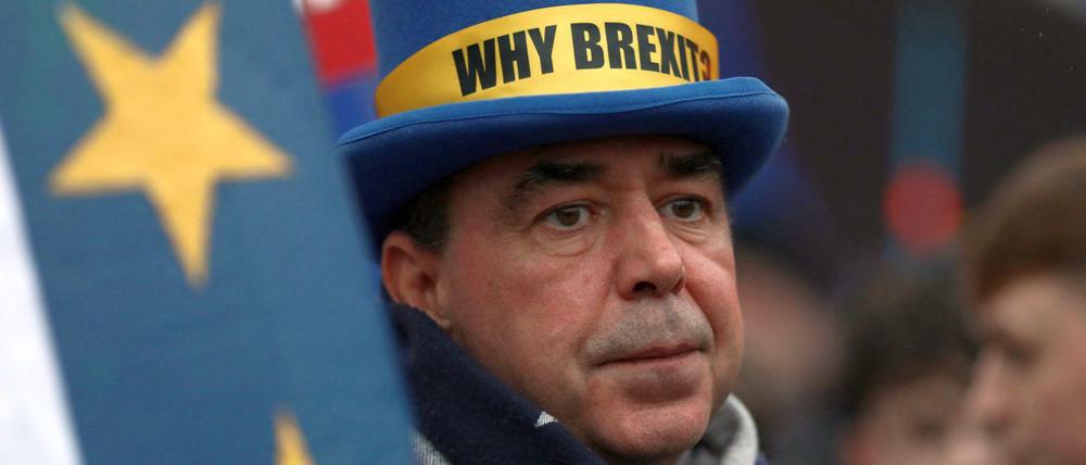 Ein verzagter Brexit-Gegner am Donnerstag vor dem britischen Parlament in London.