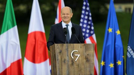 Pressekonferenz des Bundeskanzlers der Bundesrepublik Deutschland, Olaf Scholz, beim G7-Gipfel in Elmau.