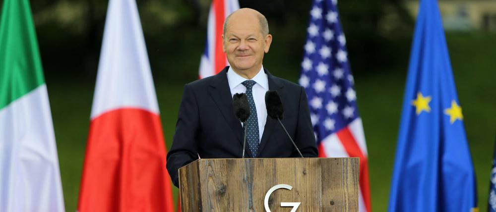 Pressekonferenz des Bundeskanzlers der Bundesrepublik Deutschland, Olaf Scholz, beim G7-Gipfel in Elmau.