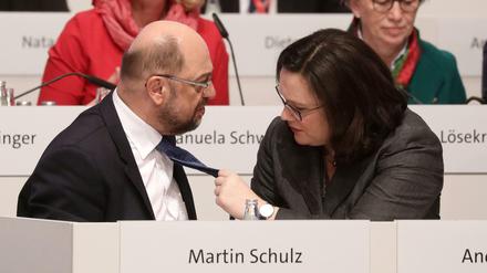 Martin Schulz und Andrea Nahles beim Bundesparteitag der SPD im Dezember 2017 in Berlin. 