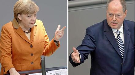 An die Gurgel gehen sie sich nicht. Angela Merkel und Peer Steinbrück im Bundestag bei ihrem ersten Rededuell nach Eröffnung des Wahlkampfs.
