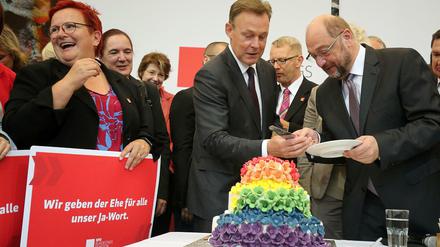Eine bunte Torte auf die Ehe für alle - und ein Triumpf für Thomas Oppermann (Mitte) und SPD-Chef Martin Schulz.