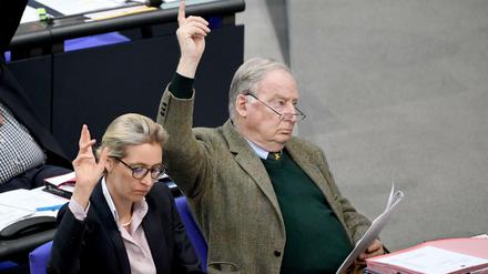 Die Vorsitzenden der AfD-Bundestagsfraktion, Alice Weidel und Alexander Gauland, bei einer Abstimmung im Bundestag. 