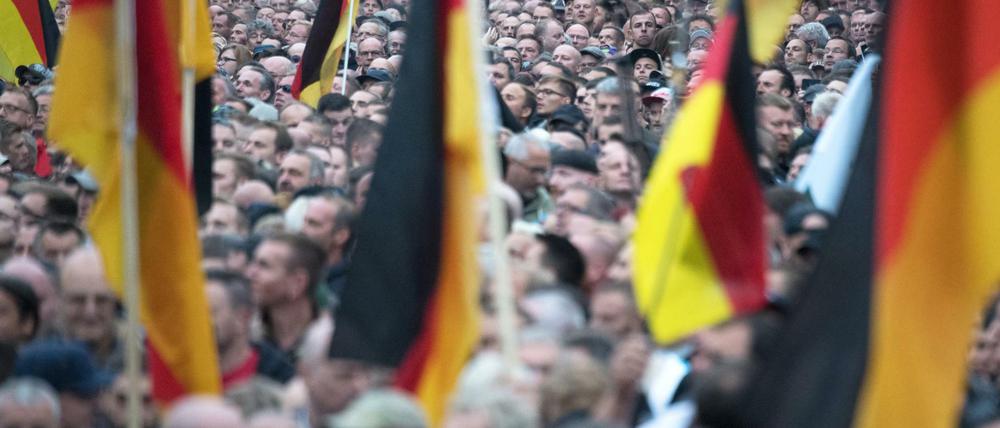 Die Teilnehmer der Demonstration von AfD und dem ausländerfeindlichen Bündnis Pegida, der sich auch die Teilnehmer der Kundgebung der rechtspopulistischen Bürgerbewegung Pro Chemnitz angeschlossen haben, am 1. September in Chemnitz.