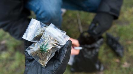 Drogenfund. Polizisten mit beschlagnahmten Marihuana-Tütchen in Kreuzberg.