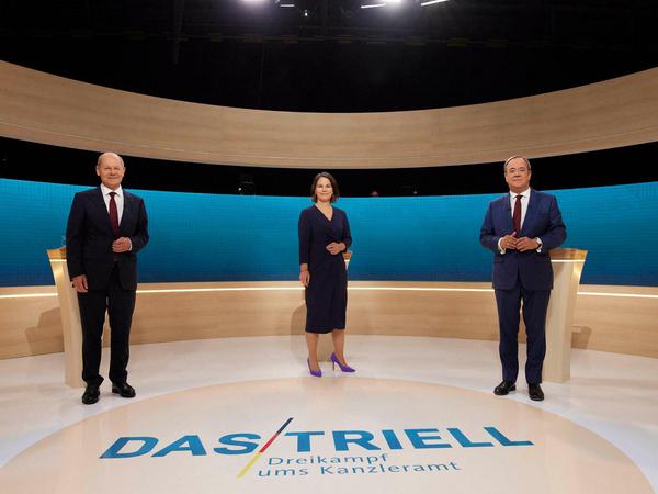Olaf Scholz, Annalena Baerbock und Armin Laschet vor dem TV-Triell. 
