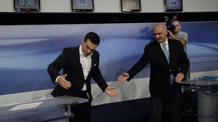 Syriza-Chef Alexis Tsipras und der konservative Oppositionsführer Evangelos Meimarakis bei der Fernsehdebatte am Montagabend.