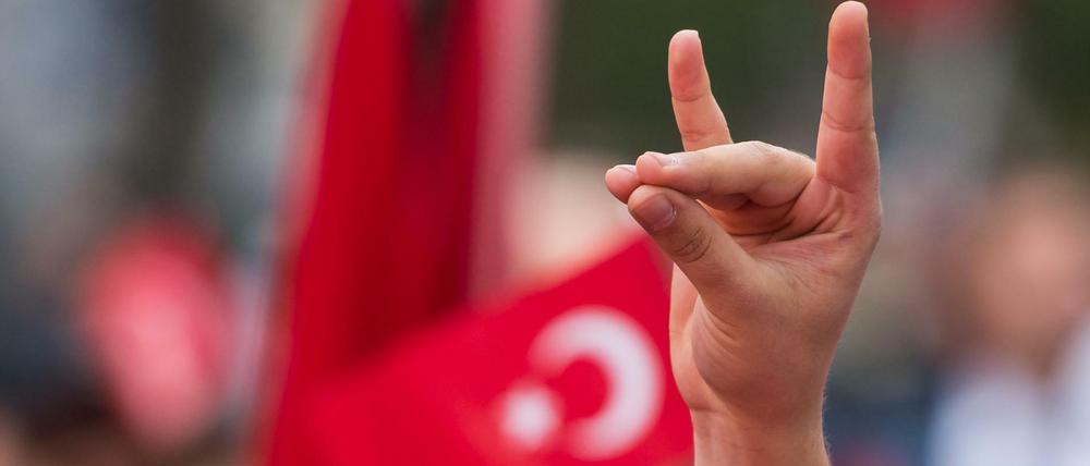 Eine Hand zeigt den "Wolfsgruß" vor türkischen Flagge in München 2016.