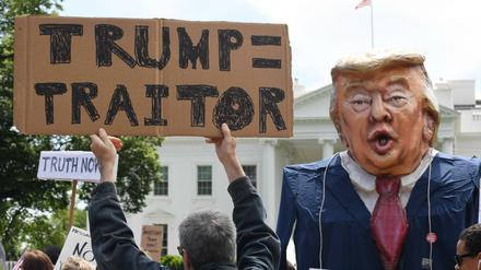 "Trump = Landesverräter" steht auf einem Schild, das ein Demonstrant vorm Weißen Haus hochhält.