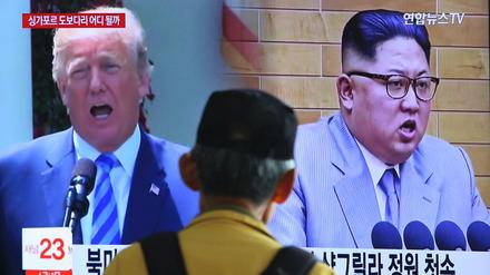 Bisher nur in der Bildmontage, wie hier in einer südkoreanischen Nachrichtensendung, Seite an Seite: Donald Trump und Kim Jong Un.