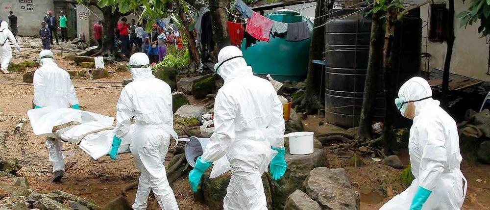 Krankenschwestern in Liberia tragen ein Ebola-Opfer.
