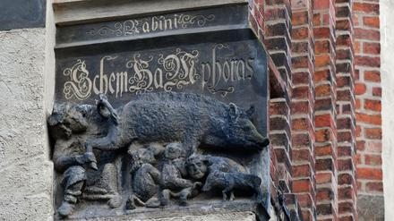Die mittelalterliche Schmähskulptur an der Außenmauer der Stadtkirche Sankt Marien in Wittenberg. Sie stammt aus dem 13. Jahrhundert. 
